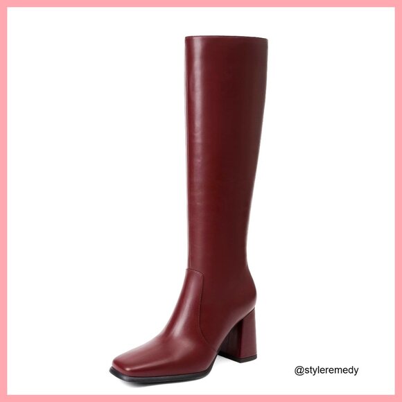 Knee High Boots Chunky Heel Square Toe Faux Leather Tall Boots